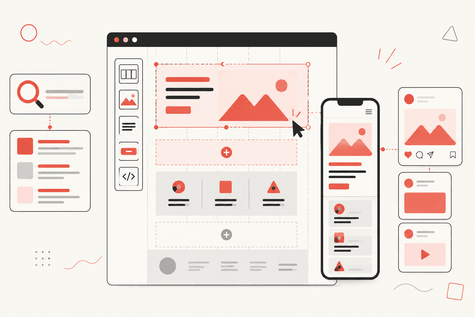 Vector illustration of a website being assembled with connected search and social content elements