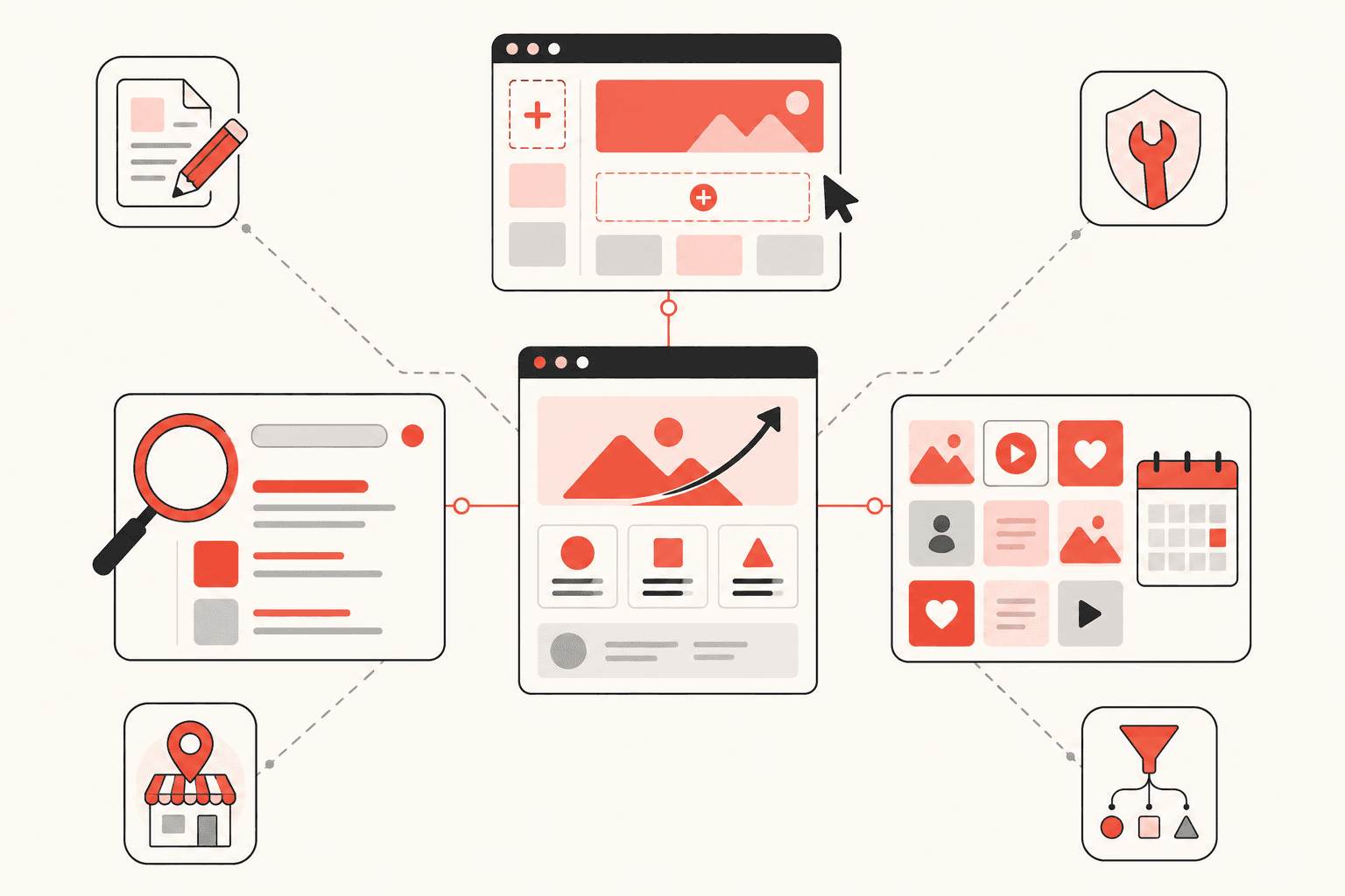 A business website connected to website design, search visibility, social content, and supporting services